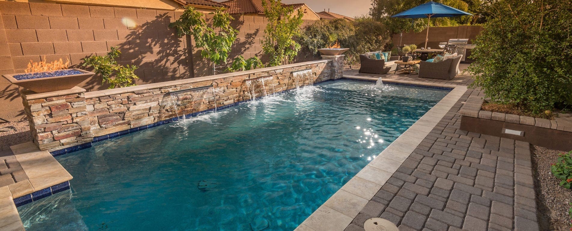 triple water feature modern pool